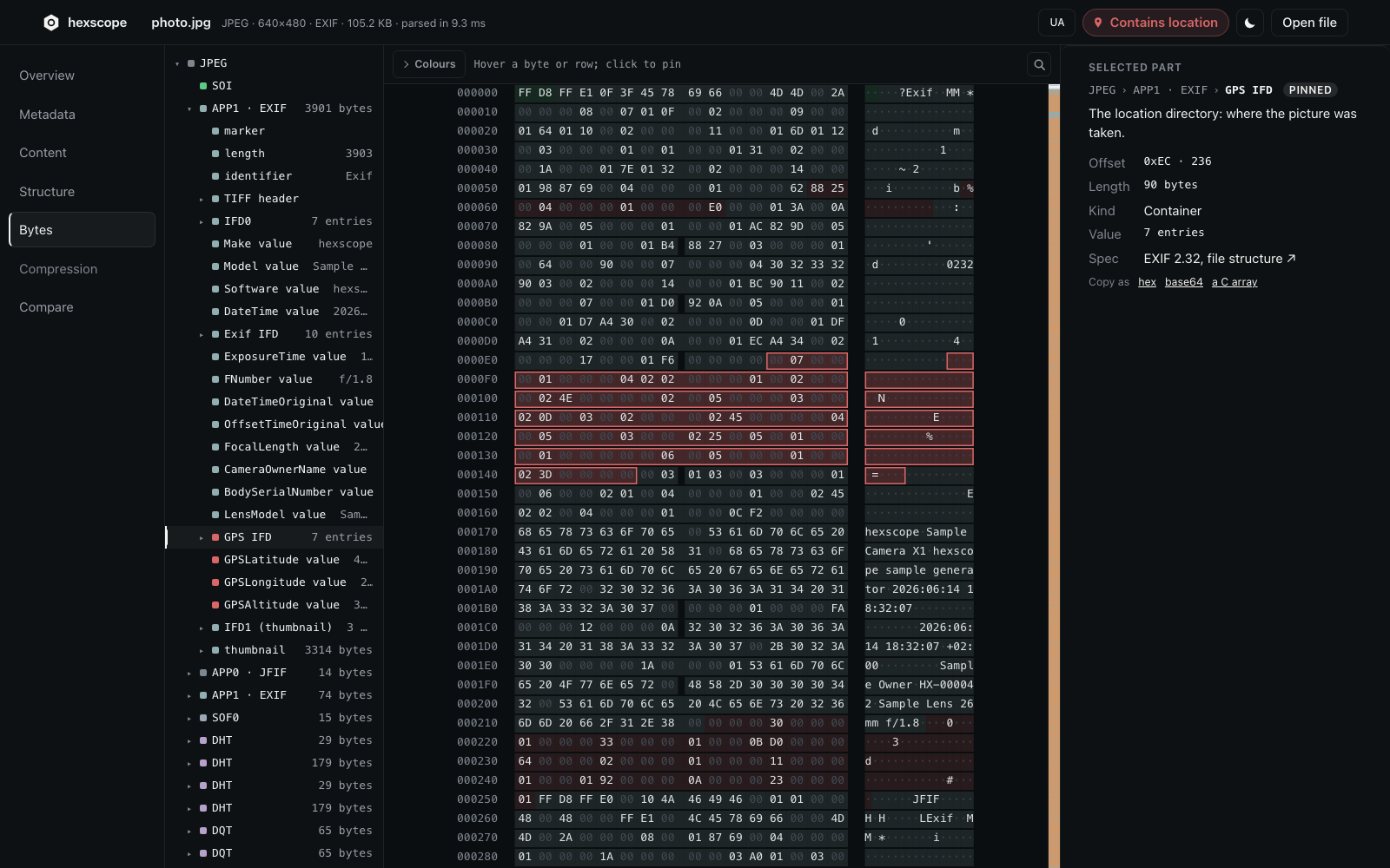Hexscope analyzing a sample photo across its finding, structure and bytes